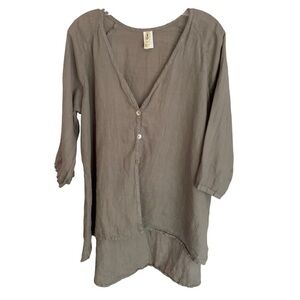 Camille & Co Linen Olive Green V Neck Oversized Lagenlook Hi Low Tunic Sz M